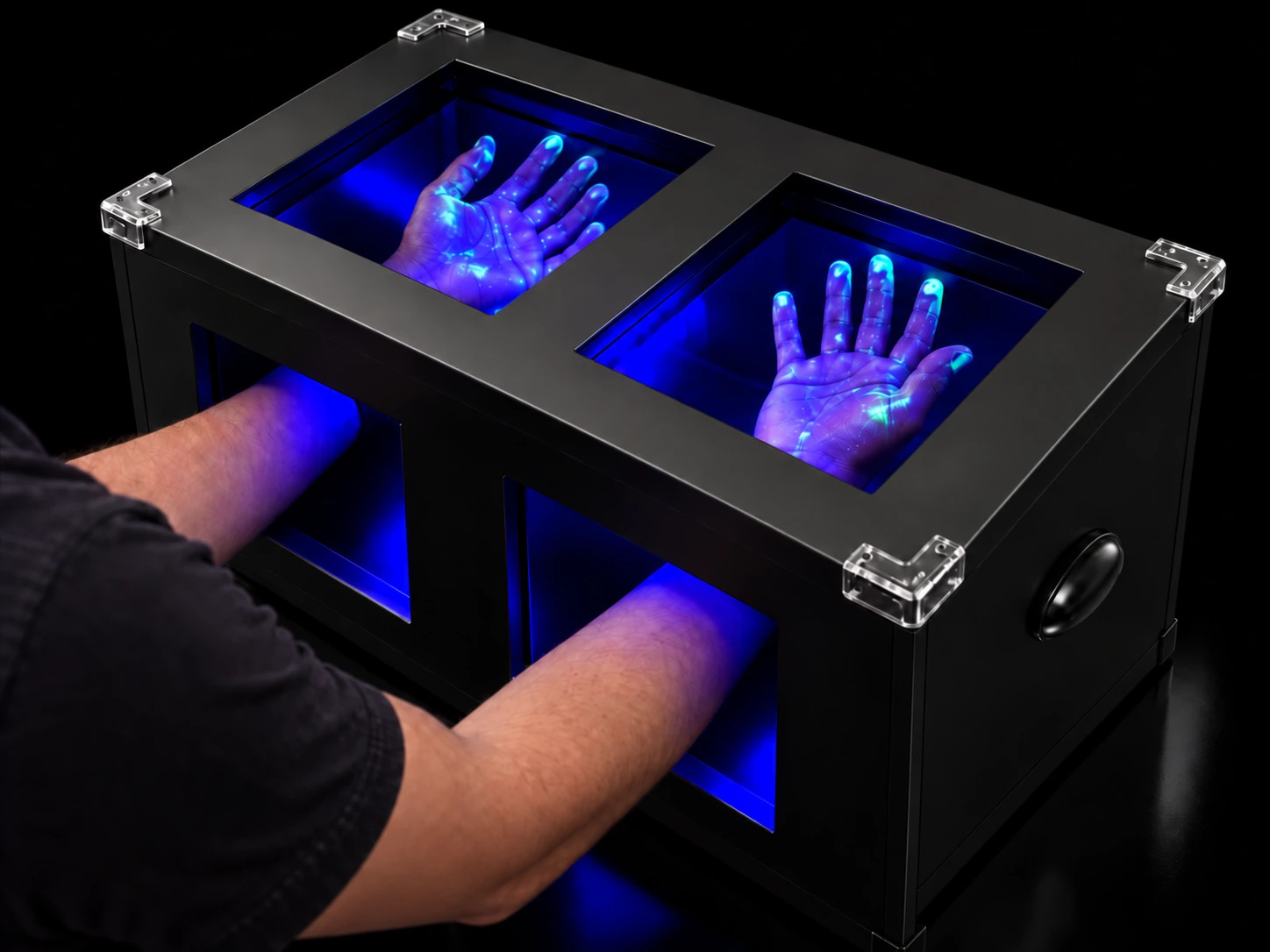 Pessoa utilizando a Caixa da Verdade LB-100 com as mãos sob iluminação UV